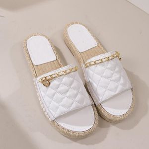 Zomer Merk Designer vrouwen Slippers Slipper Luxe Mode Echt Leer slides sandalen Metalen Ketting Dames Casual schoenen EU34-40