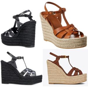 Zomermerk Elgant Sandalen modeontwerp kalfsleer geweven touw wig enkelgespelen elegante vrouwen sexy comfortabele helling hiel sandalen