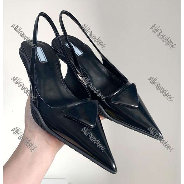 Marque d'été High Heels Sandals Classics Triangle Sign Point Black Matte Talons minces de 3,5 cm 7,5 cm Briny Patent Cuir Femmes Chaussures de mariage Taille 35-40