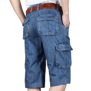 Zomer Merk Mens Jeans Denim Shorts Katoen Lading Big Pocket Losse Baggy Wide Leg Borduurwerk Bermuda Beach Boardshort 210806