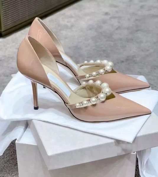 Marque d'été femmes chaussures talons hauts pompes Aurelie 65mm talon en cuir verni pointe pointue décoration de perles dames chaussure unique robe de mariée de dame EU35-43