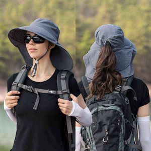 Zomer emmer hoed vrouwen grote rand outdoor reizen wandelen caps met sjaal vrouwelijke ademend snel droge bergbeklimmen zonnebrandcrème cap G220418