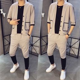 Cardigan d'été Fake 2 pièces SweatSuit Homme T-shirt Casual T-shirt Pant Hip Hop Couture Jacket Tracksuit Hommes Sportswear Ropa Hombre 210527