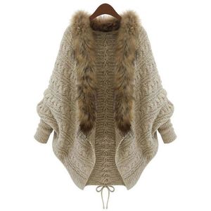 Suéter cárdigan de verano para Mujer, Poncho con Cuello de piel y manga de murciélago, suéteres de gran tamaño, suéter largo para Mujer de talla grande