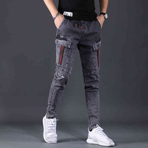 Pantalon Cargo d'été Stretch Jeans Mode Homme Slim Fit Taille Élastique Style Coréen Casual Pantalon en Denim Gris Foncé