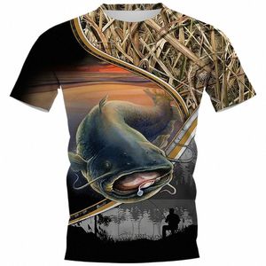 T-shirt d'été imprimé pêche à la carpe pour hommes, imprimé poisson-chat en plein air, ample, manches courtes, col rond, grande taille, décontracté, street top g3Vg #