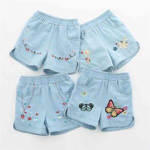 Été décontracté 2 3 4 6 8 10 12 ans enfants broderie fleur coton poche Denim bleu Shorts pour petit bébé enfants filles 210723