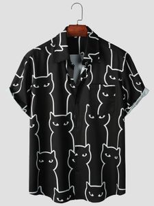Zomer casual Aloha -shirts met katten afdrukken - knoop op korte mouw strandoverhemden voor mannen 240520