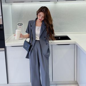 Été décontracté noir femmes bureau tailleur-pantalon à manches courtes Blazer ample taille haute jambe large pantalon deux pièces ensemble femme 210514