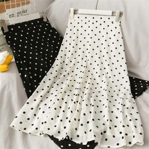 Zomer casual chiffon print dot-print rok vrouwelijke hoge taille midi a-line rok dames zwart witte rode lange rokken streetwear 210619