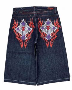 Été décontracté denim Men Street Punk Hip Hop Cross Print Jorts Shorts Y2K Vintage Trendy Pantalon de la longueur du genou Baggy NOUVEAU 92C0 #