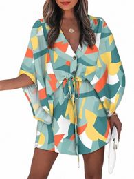 Zomer Casual Dr Vrouwen Fi Vliegende Mouw V-hals Print Beach Party Dress Elegant Lace Up Mini Dr Robe Femme 2023 nieuwe B8LU #