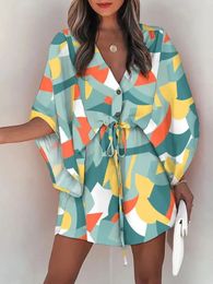 Zomer Casual Dres Fashion Flying Sleeve Vneck Print Beach feestjurken Elegant Lace Up Mini Dress Robe Femme 2023 240506