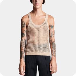 Été décontracté évider couleur unie débardeurs hommes mode lâche col rond sans manches gilet hommes sexy camisole streetwear 240321