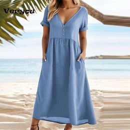 Summer décontracté longs v Neck Neck Short à manches boutones robes de fête pour femmes mode maxi boho y240326