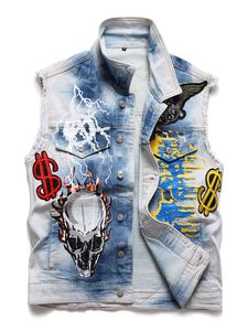 Été décontracté gilet ample métal Rock Badge brodé gilet pour Homme MotoBiker coton Denim sans manches vestes Veste Homme