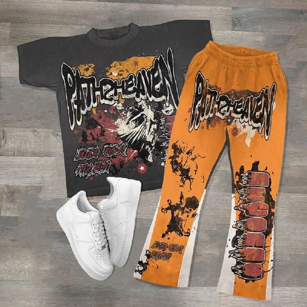 Été décontracté hommes t-shirt à manches courtes pantalon évasé surdimensionné impression 3D costume sportwear 2 pièces ensembles survêtement 240328