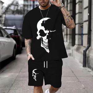 Zomer casual heren schedel print t -shirt set mode streetwear tees los oversized ademende zachte korte mouwen en shorts 240329