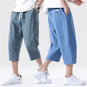 Pantalons décontractés d'été pour hommes, en coton et lin sauvage, ample, Style coréen, tendance, pantalon droit à neuf points, 220714