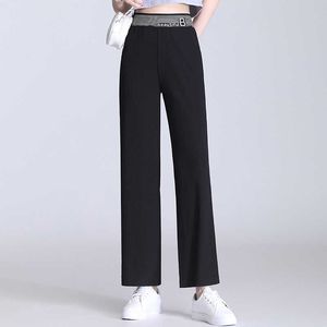 Été pantalons décontractés femmes mode coréenne tout match élastique taille haute cheville longueur pantalons glace soie large jambe pantalon droit Q0801