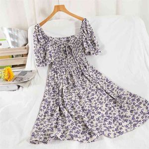 Été Casual Polka Dot Floral Imprimer Robe Une Ligne Puff Manches Col Carré Taille Haute Femmes Robes 210430