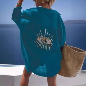 Zomer casual pailletten oog fashiona strandstijl losse knop zonbescherming katoen linnen shirt jurk vrouwen