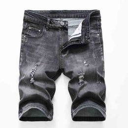 Été Casual Shorts Hommes Pantalons courts Mode Distressed Straight slim Denim Shorts Homme Noir déchiré Jeans short longueur au genou H1210