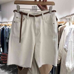 Summer Casual Straight Femmes Blanc Jean Shorts Poches Décoration Pantalon Femme All Match Denim Demi-Pantalon 210514