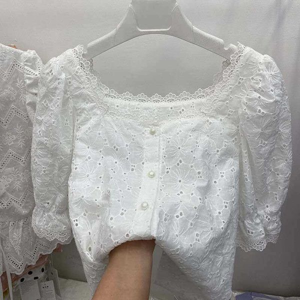 Été Causal Chemise Blanche Découpe Vintage Français Col Carré Femmes Chic Broderie Dentelle Blouse Femmes Tops Blusas 13874 210527