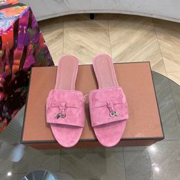 Charmes d'été diapositives embellies pantoufles en daim LORO sandales chaussures en cuir véritable bout ouvert chaussures plates décontractées pour femmes pantoufles