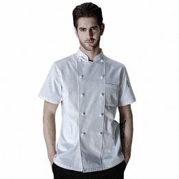 Abrigo de chef de verano chaqueta de chef de doble botonadura hotel restaurante panadería ropa de trabajo hombres cocinero uniforme profesional camisa blanca e78X #