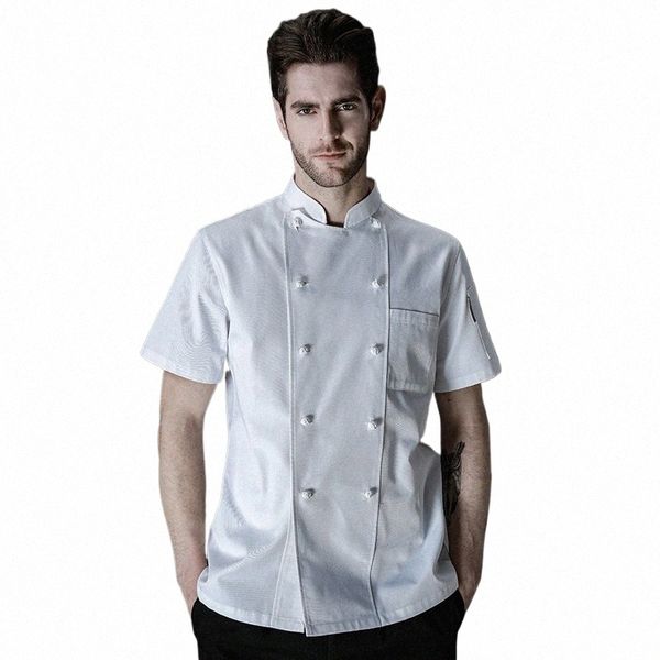 Manteau de chef d'été, veste de chef à double boutonnage, hôtel, restaurant, boulangerie, vêtements de travail pour hommes, uniforme professionnel de cuisine, chemise blanche e78X #