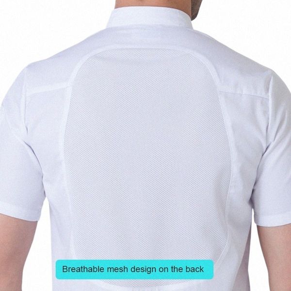 Veste de cuisine d'été pour hommes, chemise blanche, uniforme de restauration, vêtements de travail pour salon de coiffure, salopette de boulangerie, J0G8 #