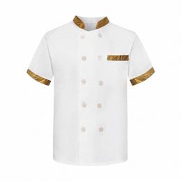 Verano Chef Uniforme Cruzado Manga corta Unisex Chef Coat Stand Collar Transpirable Resistente a las manchas Cantina Camarero Top 60cq #