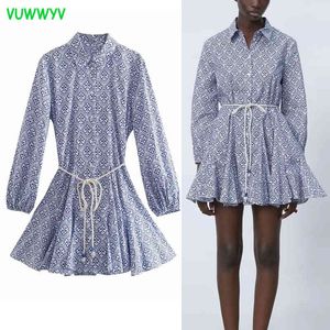 Summer Chic Blue Print Shirt Robes pour femmes Casual Button Up Robe africaine drapée Femme à manches longues Ceinture Mini Robe 210430