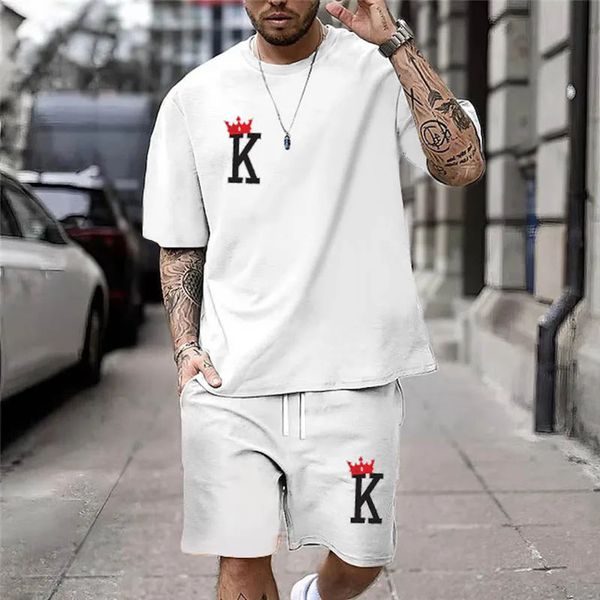 Été Chic Casual Vêtements de tous les jours Crown K Print T-shirt et short pour hommes Ensemble deux pièces à la mode à manches courtes pour hommes 240102