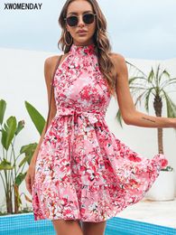 Summer Murffon Dres Sexy Floral Print Ruffle Bandage Bandage Plage Sundress Casual Rose Halter Aline Robes courtes 2024 240418