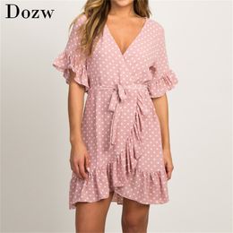 Zomer chiffon jurk boho stijl strand mode korte mouw v-hals polka dot a-line party sundress vestidos 210515