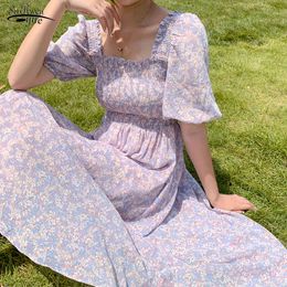 Zomer Chiffon Floral Puff Sleeve vierkante kraag Damesjurk Koreaanse Prairie Chic Vintage Maxi Robe Longue Femme Ete 14672 210518