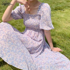 Zomer Chiffon Floral Puff Sleeve vierkante kraag Damesjurk Koreaanse Prairie Chic Vintage Maxi Robe Longue Femme Ete 14672 210518