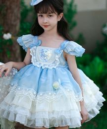 Summer Children Lace Tul Tulle Tutu Vestidos de estilo Lolita Sequinas amor Heart Falbala Fly Sleeve Princess Ropa Día de la fiesta del día de los niños Z7841