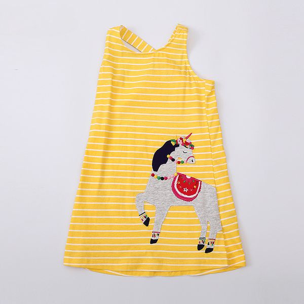 Robe d'enfants d'été pour filles mode d'été mignon en jaune rayé brodé en coton pur robe sans manches