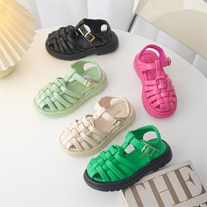 Zomer kinderen sandalen mode snoep kleur weven teen bescherming meisjes sandalen mint groen bos stijl prinses strandschoenen 220708