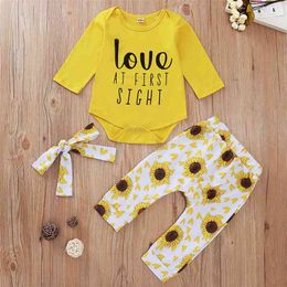 Zomer kinderen sets casual lange mouwen brief romper print zonnebloem broek schattige 2 stks meisjes jongens kleding 0-18m 210629