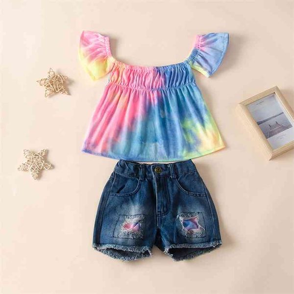 Enfants d'été Ensembles Casual manches courtes à manches courtes Muti Tops Denim Shorts 2pcs Vêtements pour filles 2-9T 210629