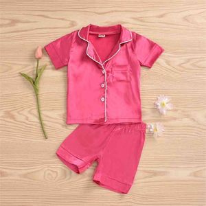 Zomer kinderen sets casual zijde korte mouw single breasted t-shirt rose rode shorts 2 stks meisjes kleding 1-6t 210629