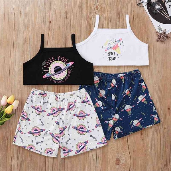 Été enfants ensembles décontracté sans manches O cou imprimer Desserts hauts dessin animé planète Shorts 2 pièces fille vêtements 1-8T 210629