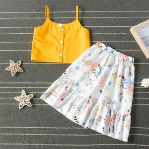 Été enfants ensembles décontracté sangle simple boutonnage jaune solide hauts jupe à volants floraux 2 pièces filles vêtements 1-7T 210629