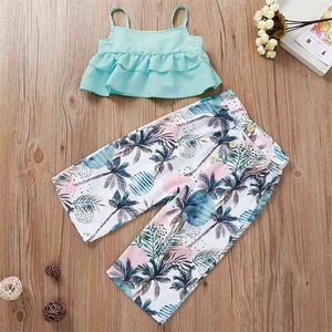 Zomer Kinderen Sets Casual Strap Solid Ruches Tops Print Coconut Tree Broek 2 Stks Meisjes Leuke Kleding 1-5T 210629