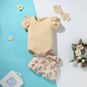 Zomer Kinderen Sets Korte Mouw O Neck Solid Rompertjes Print Floral Shorts Leuke 2 stks Meisjes Boy Clothes Set 0-2T 210629